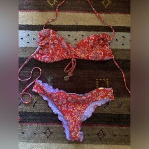 Luli Fama red scrunched bandeau bikini set